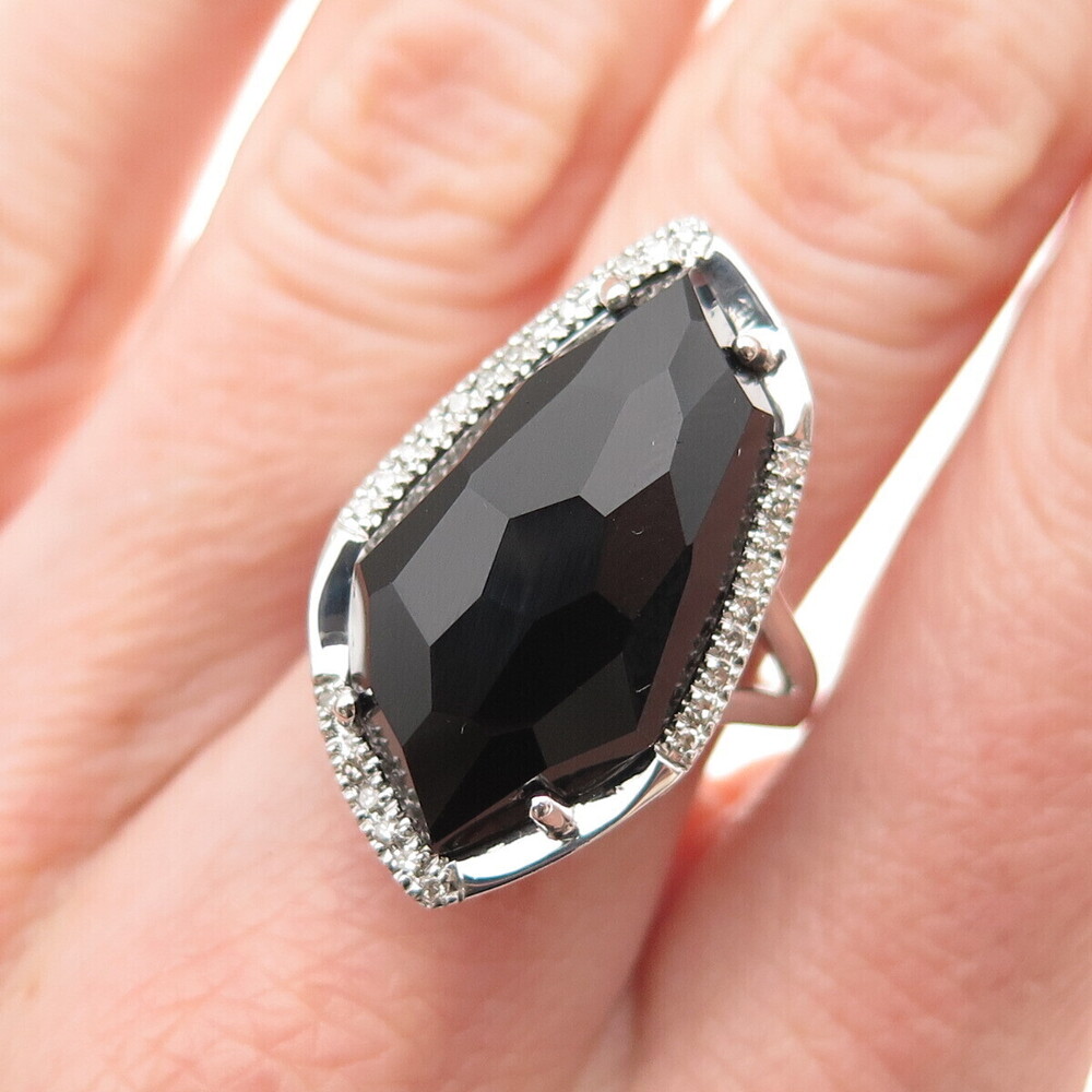 ALWAND VAHAN 925 Sterling Silver Real White Diamond & Black Spinel Ring Size 7